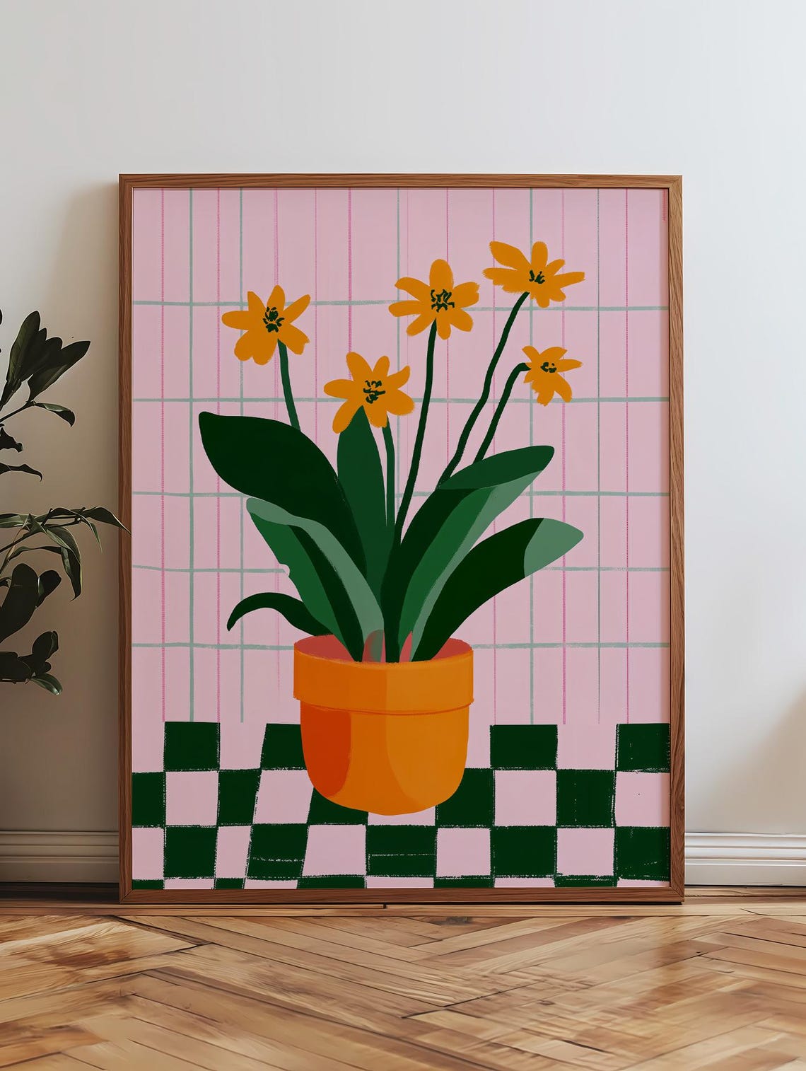 Orange Potted Flowers Pink Grid Danish Pastel Kitchen Poster - Image 3