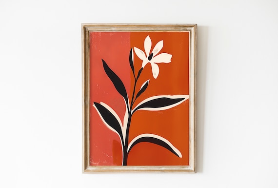 Bold Red Background Abstract White Flower Matisse Style Poster