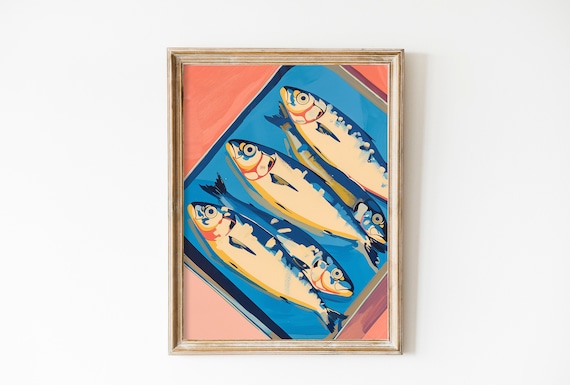 Oil Sardines Print Retro Kitchen Decor Fish Restaurant Decor Soft Pink Foodie Gift Wall Art Tinned Sardine Print Retro Fish Painting