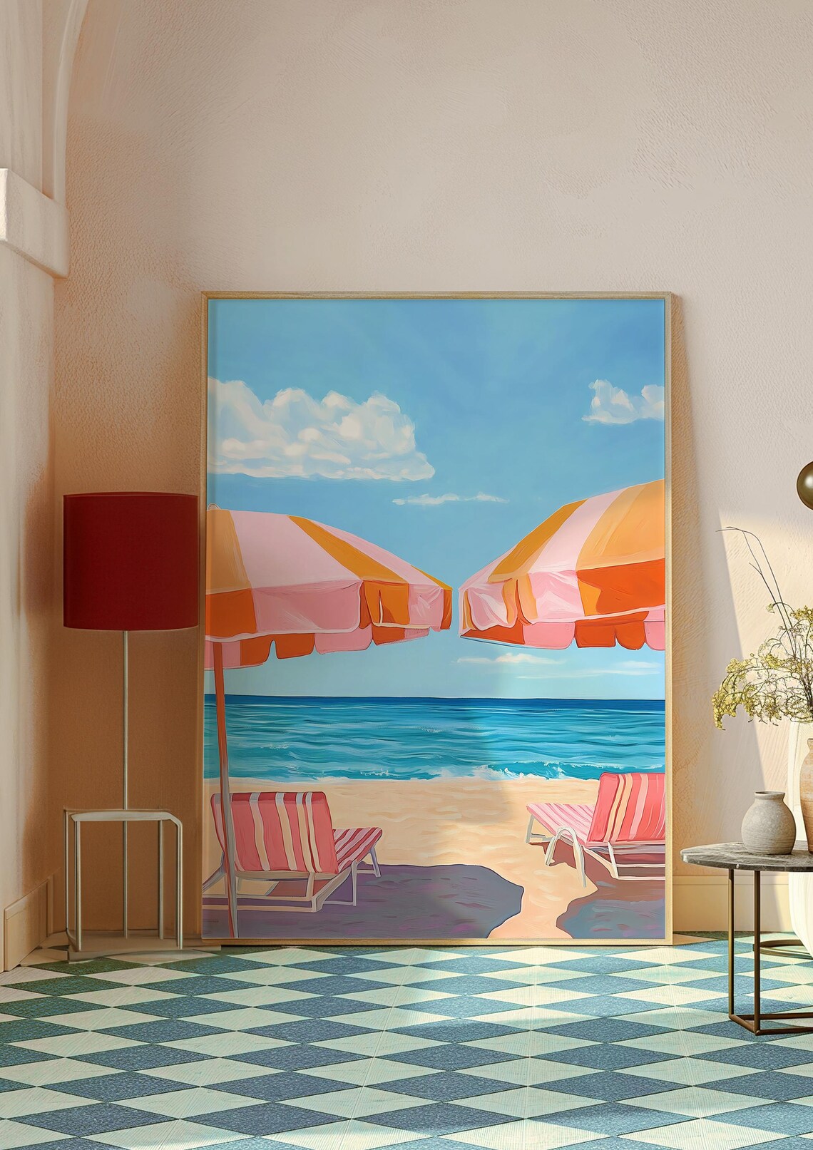 Striped Beach Umbrellas on Sunny Coast Summer Seaside Travel Poster - Image 3