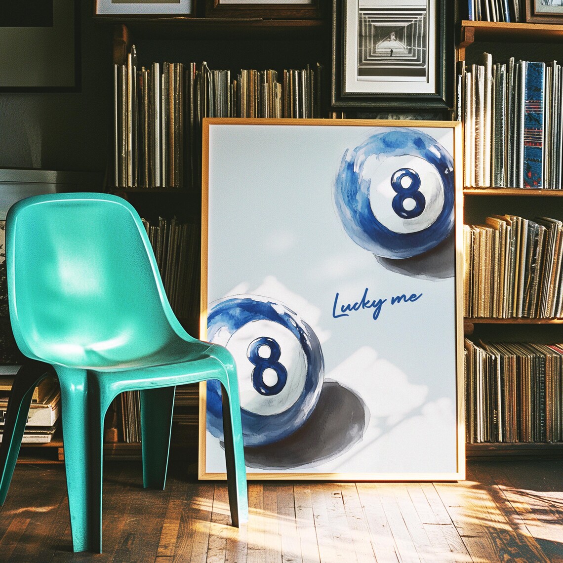 Lucky Me Blue 8 Ball Watercolor Painting Retro Pool Decor Poster - Image 3