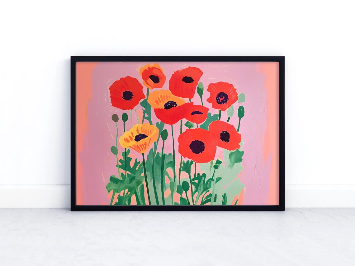 Red Orange Poppies Pink Field Summer Floral Painting Art Poster - Image 3
