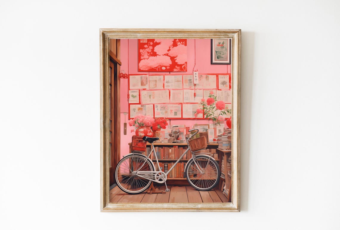 Pink Japanese Bookshop Interior with Bicycle Coquette Poster