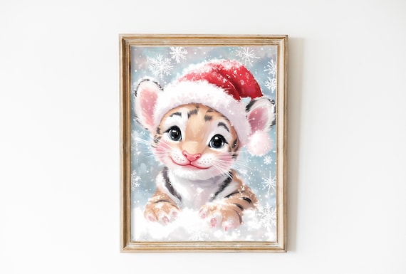Cute Christmas Tiger Print Nursery Wall Art Retro Holiday Santa Tiger Christmas Poster Holiday Print Xmas Festive Print