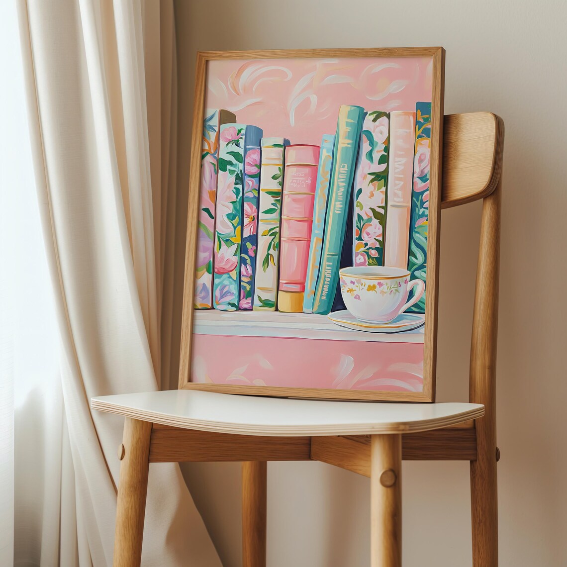 Pastel Floral Bookshelf with Teacup Pink Reading Nook Artwork Poster - Image 3