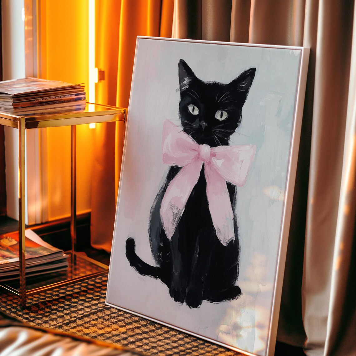 Black Cat With Pink Bow Watercolor Portrait Soft Pastel Art Poster - Image 3