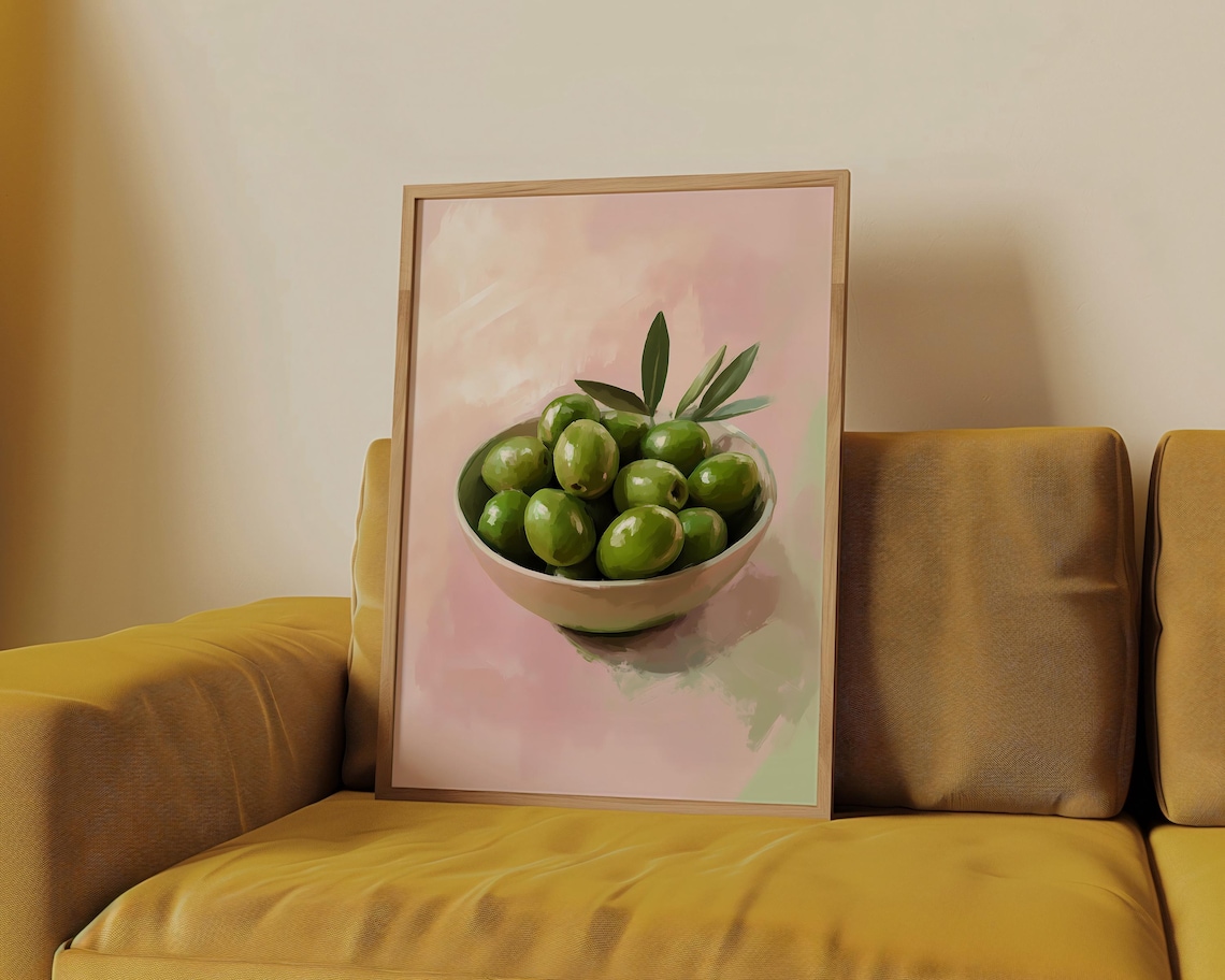 Soft Pink Green Olives Bowl Mediterranean Minimalist Food Art Poster - Image 4