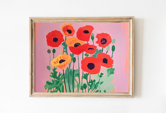 Red Orange Poppies Pink Field Summer Floral Painting Art Poster