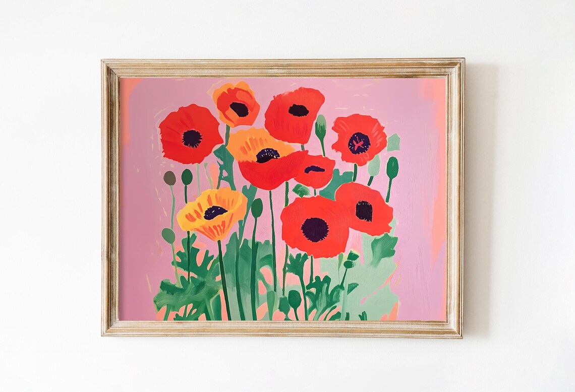 Red Orange Poppies Pink Field Summer Floral Painting Art Poster