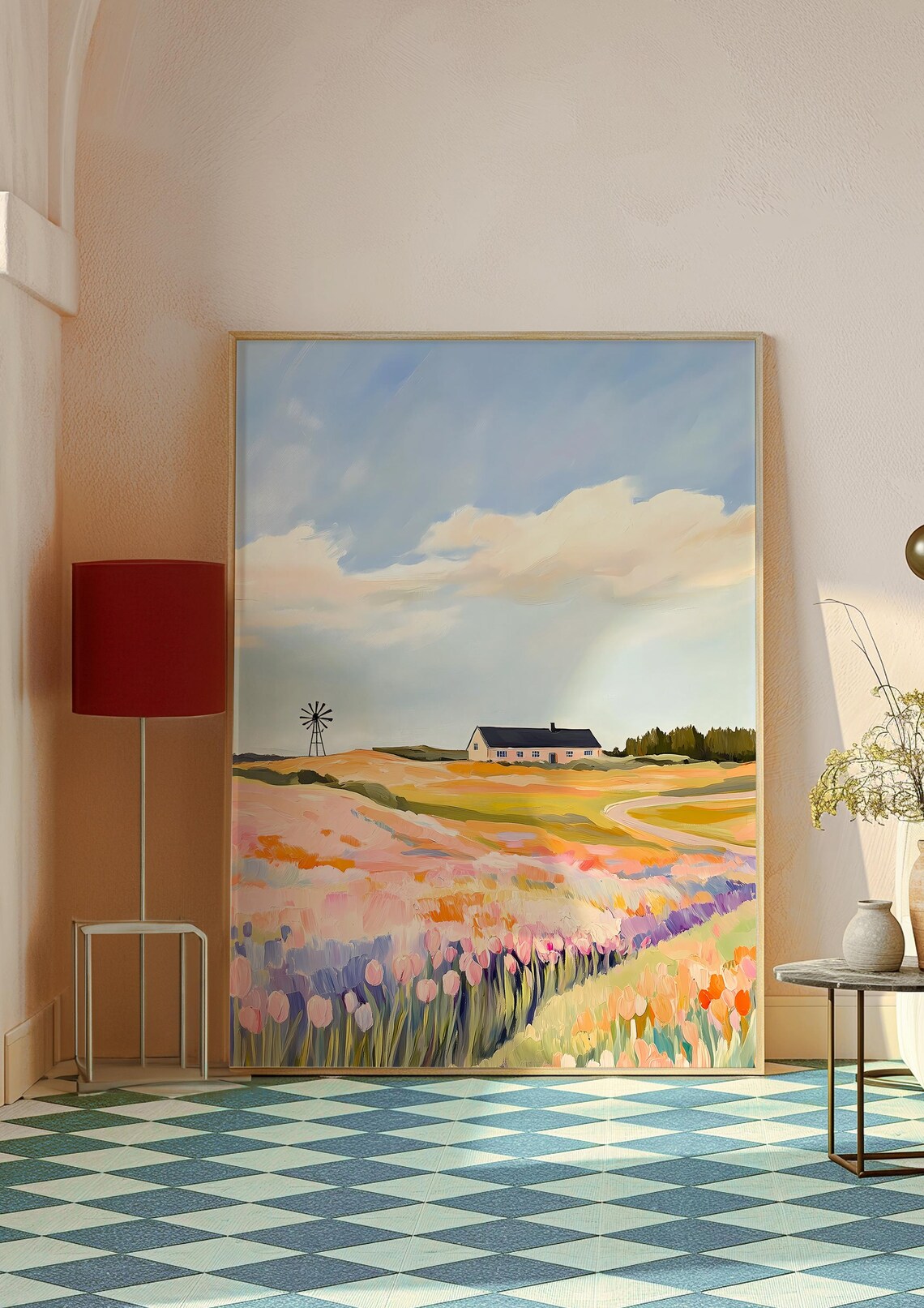 Vintage Mill With Pink Tulips, Netherlands Art Print - Image 2