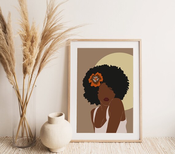 African Woman Afro Flower Portrait Modern Boho Art Wall Poster