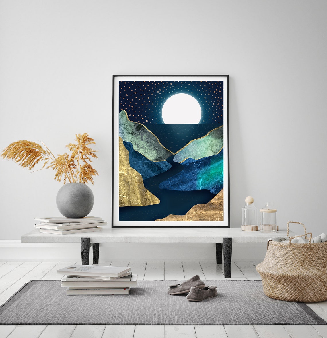 Midnight Blue Watercolor Moonlit Abstract Mountain Seascape Poster - Image 2