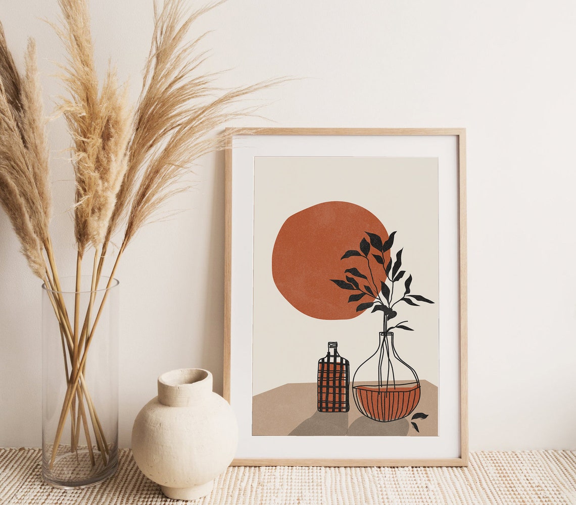 Terracotta Sun Circle Still Life Boho Vase Botanical Art Poster