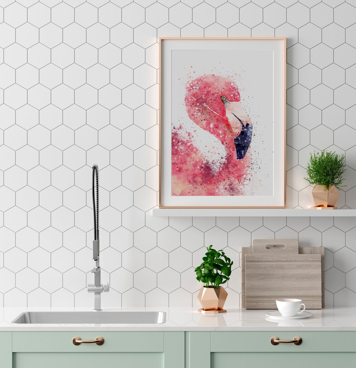 Pink Flamingo Watercolor Splash Tropical Wildlife Art Poster