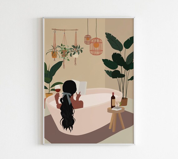 Woman Relaxing In Bathtub With Wine And Plants Boho Bathroom Poster