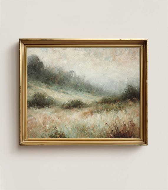 Abstract Landscape Scenery Print Vintage Meadow Neutral Painting Moody Countryside Art