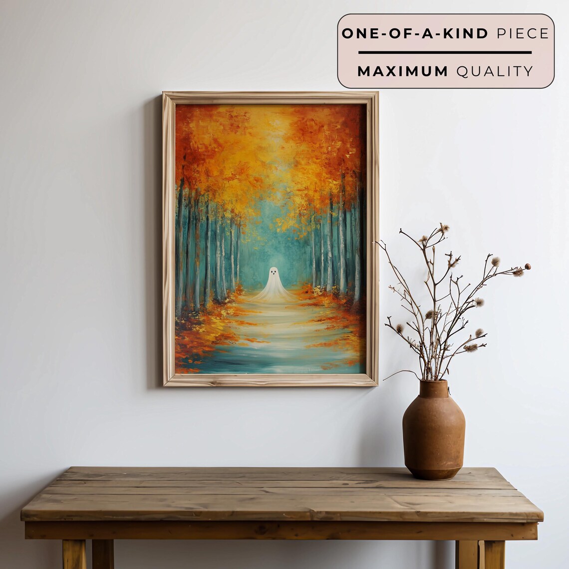 Cute Ghost In Autumn Birch Forest Path Vibrant Orange Foliage Art Poster - Image 3