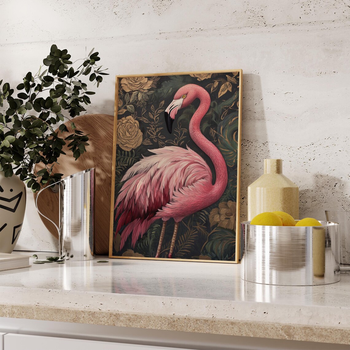Pink Flamingo Graceful Curved Neck Golden Leaves Dark Tropical Poster - Image 2