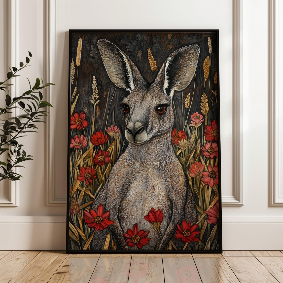 Kangaroo Portrait Red Wildflowers Golden Wheat Dark Field Art Poster
