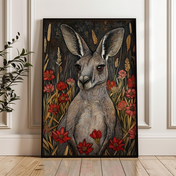 Kangaroo Portrait Red Wildflowers Golden Wheat Dark Field Art Poster