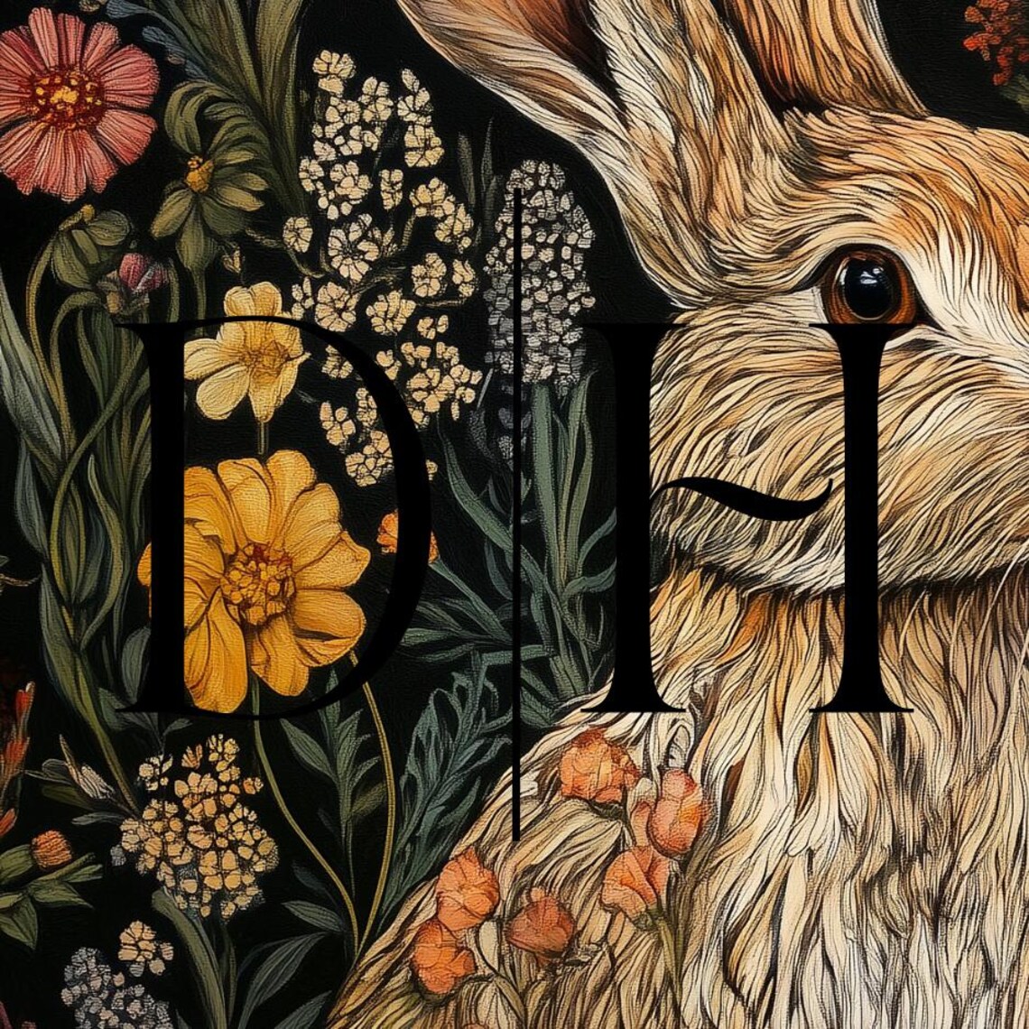 Brown Hare Sitting Among Colorful Wildflowers Dark Meadow Art Poster - Image 3