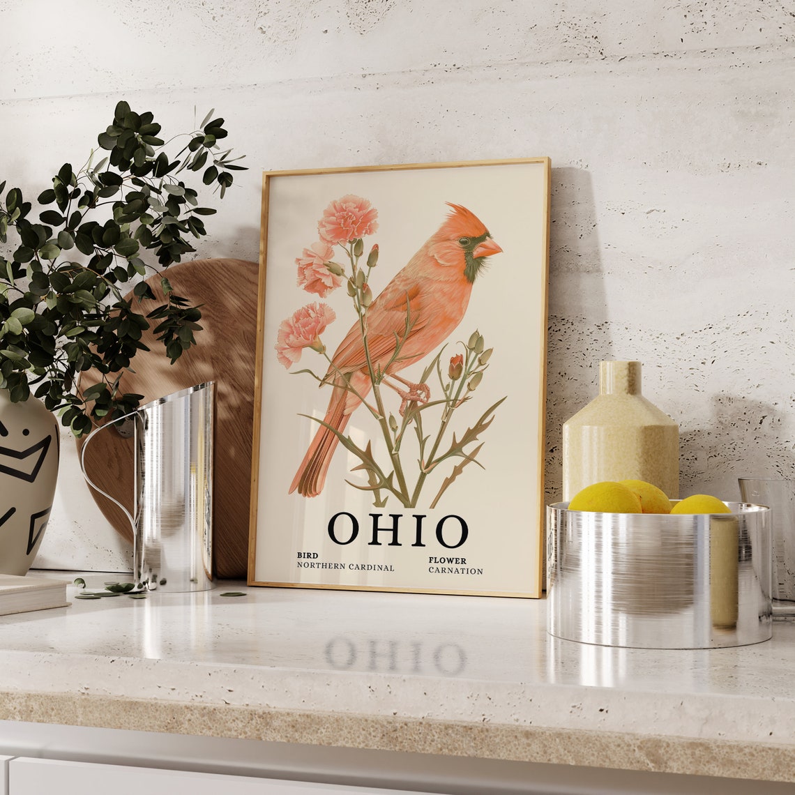 Ohio Northern Cardinal Carnation Botanical Bird and Flower Art Print - Image 2