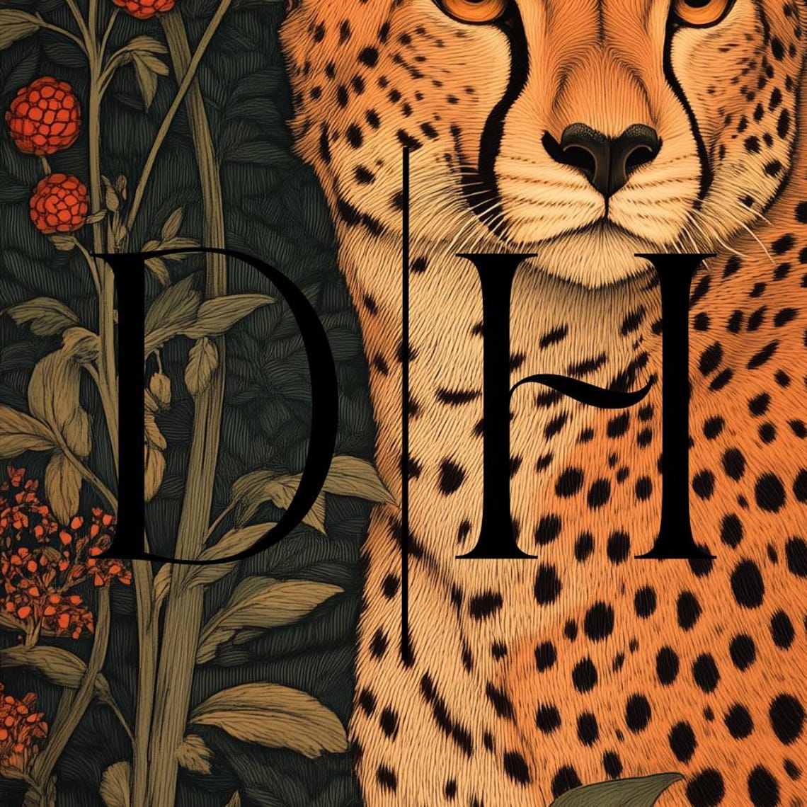 Cheetah Floral William Morris Inspired Red Flower Big Cat Poster - Image 3
