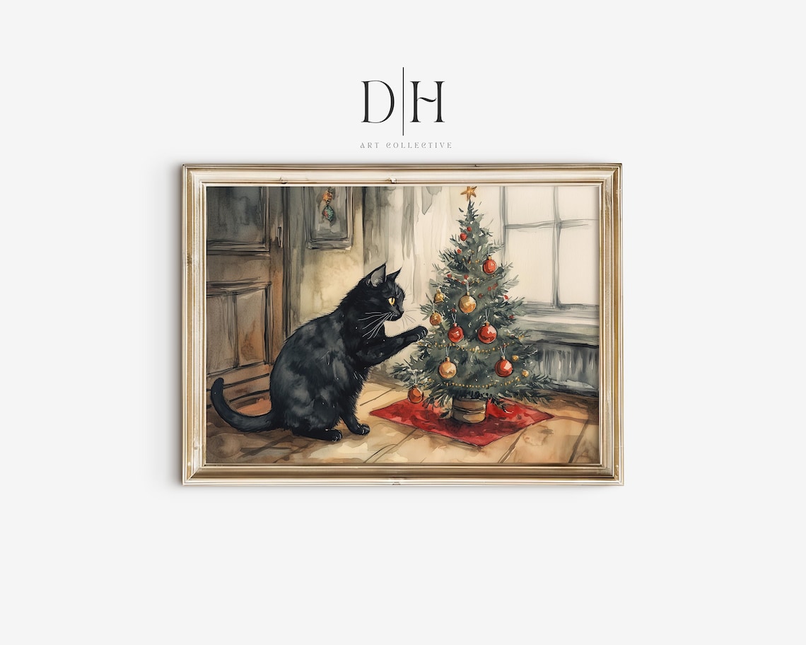 Black Cat Playing With Christmas Tree Watercolor Holiday Pet Art Print