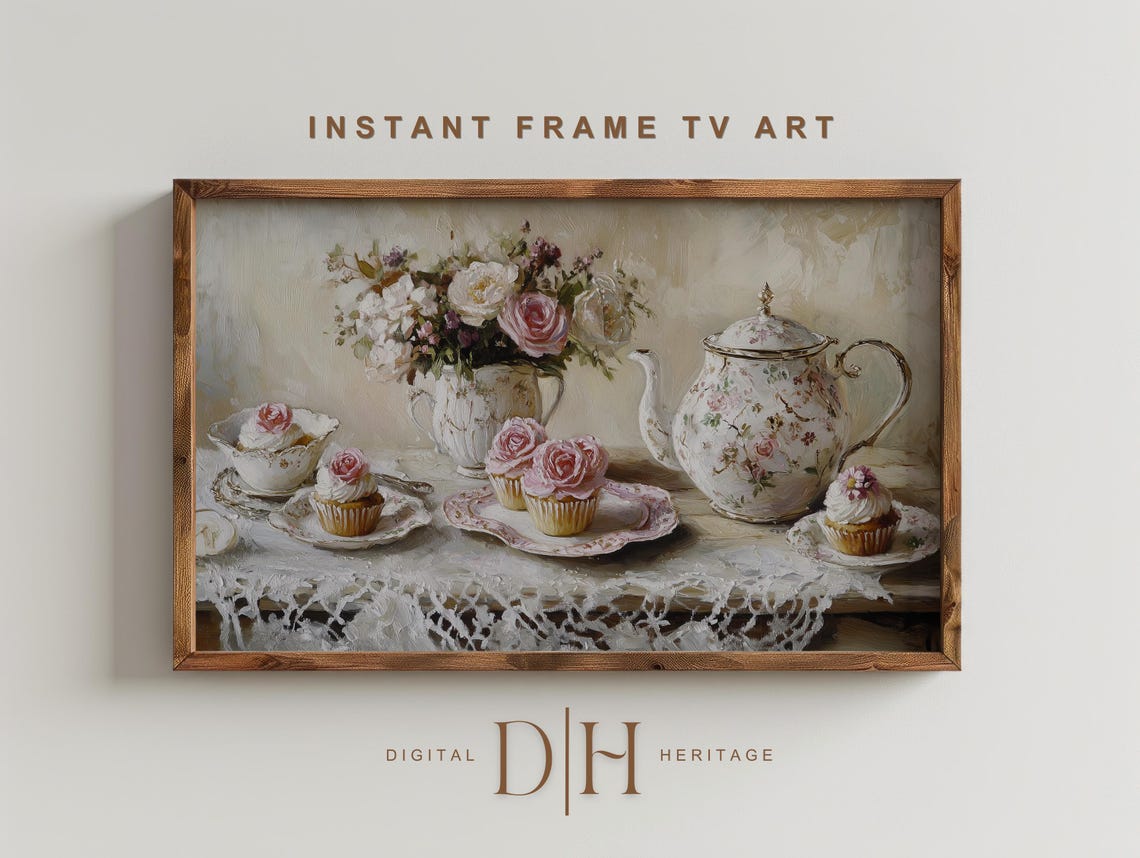 Valentines Frame Tv Art Still Life Neutral Vintage Pink Roses Oil Painting Holiday Tv Art Farmhouse Decor Tv Art