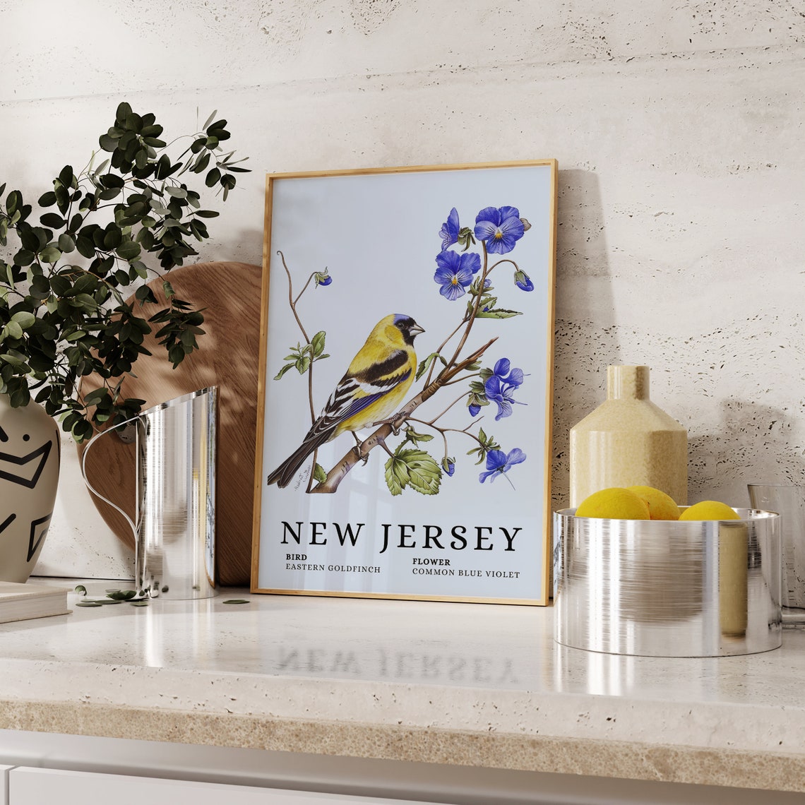 New Jersey Eastern Goldfinch Common Blue Violet Bird Flower Print - Image 2
