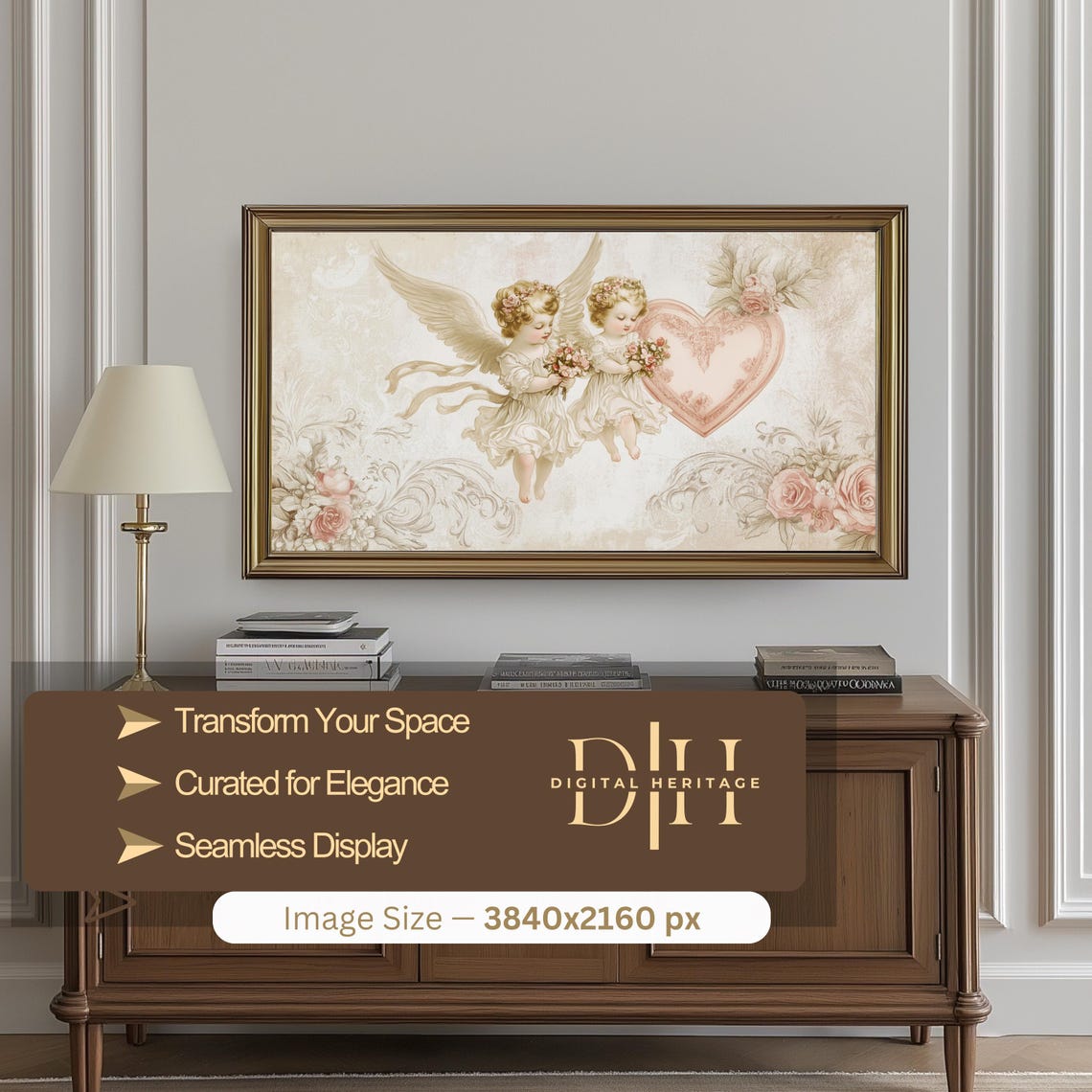 Valentines Tv Art Angels Vintage Frame Tv Art Spiritual Angels Neutral Painting Pink Heart And Roses Farmhouse Decor - Image 3