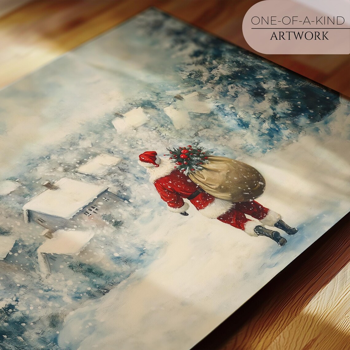 Santa Claus With Gift Bag Walking To Snowy Village Christmas Art Print - Image 2