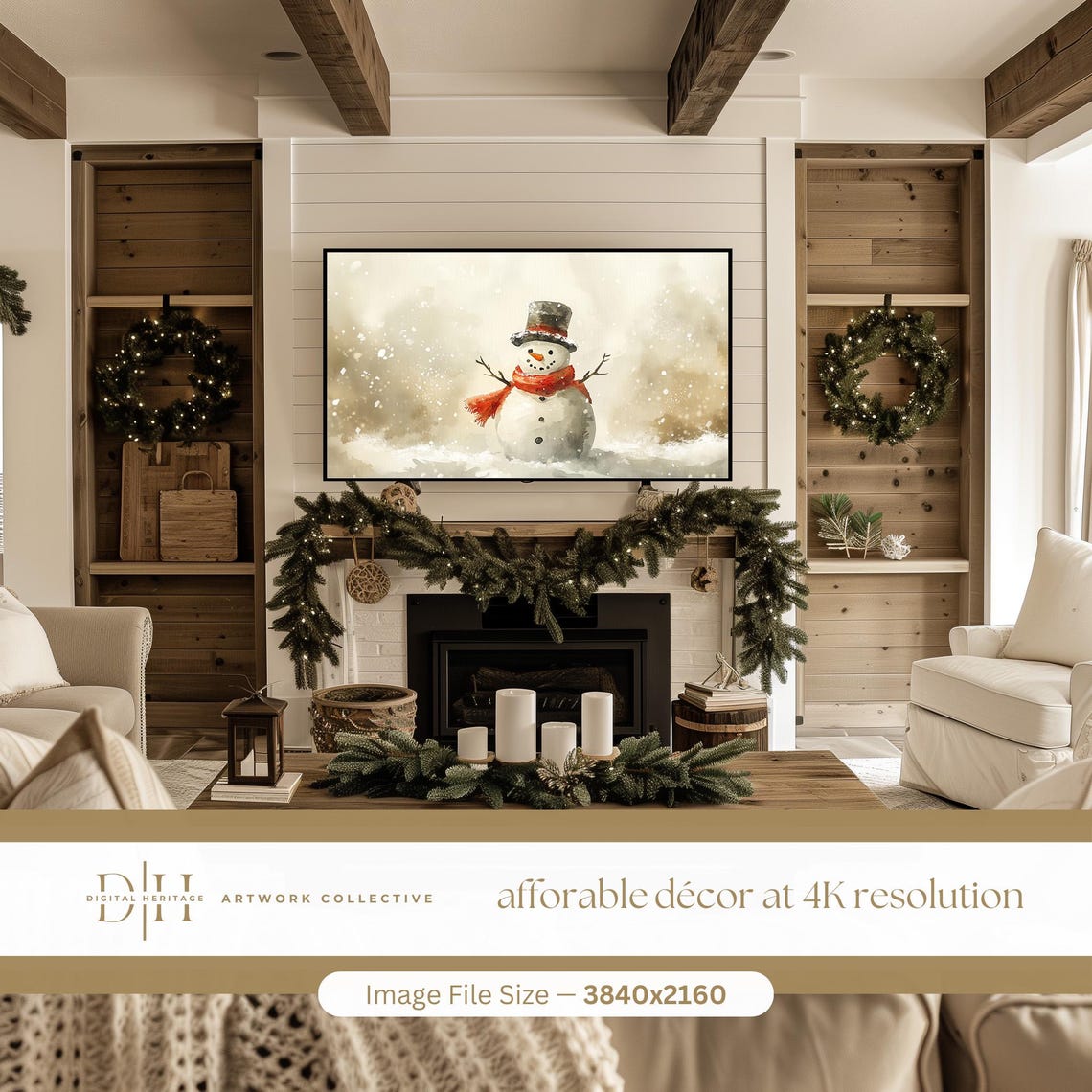 Watercolor Snowman With Top Hat Winter Frame TV Screensaver Art Print - Image 3