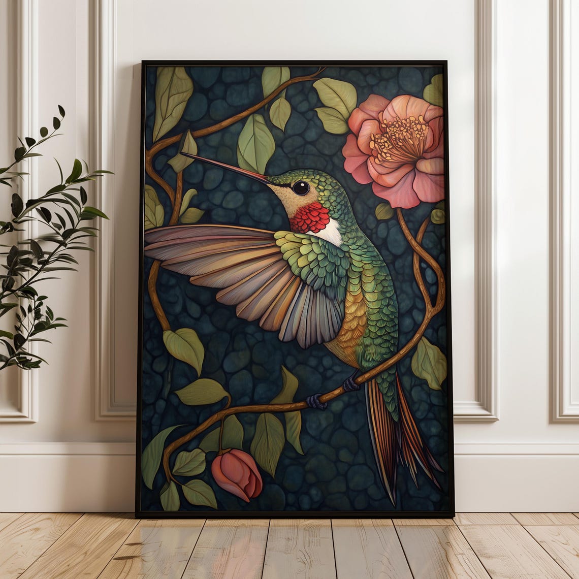 Ruby Throated Hummingbird Pink Camellia Dark Teal Mosaic Art Poster