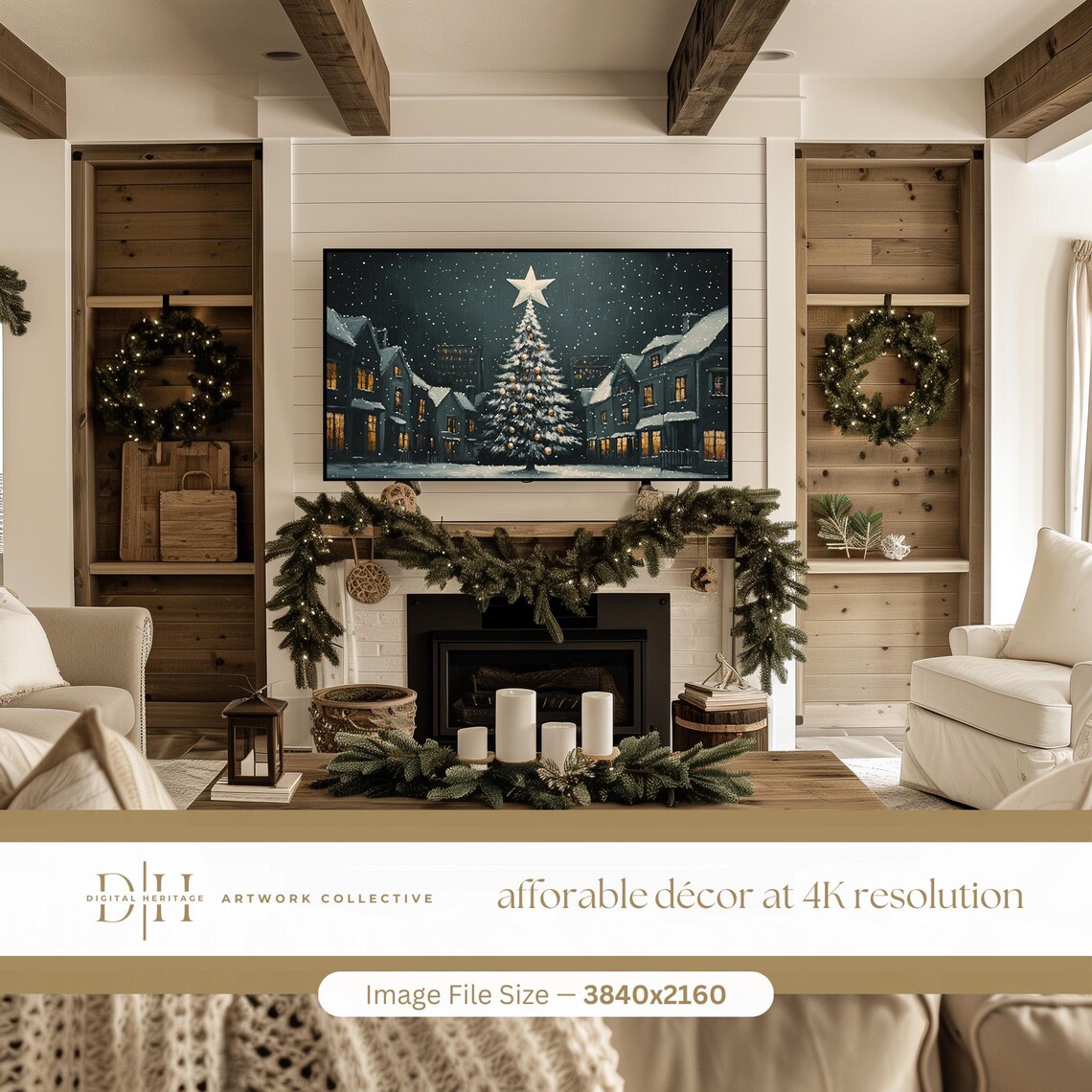 Snowy Christmas Tree Night Starlit Village Town Holiday Wall Art Print - Image 2