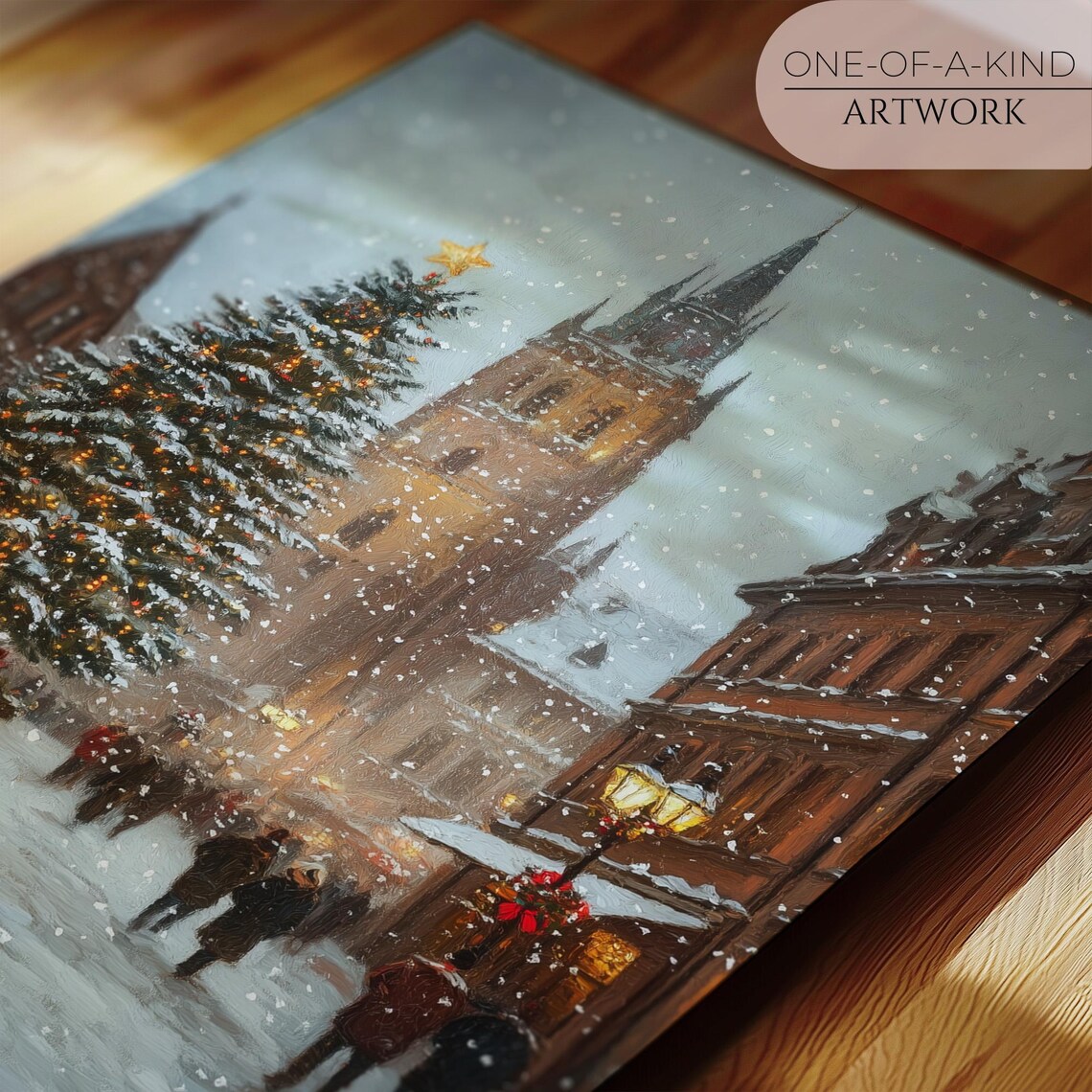 European Christmas Town Square Decorated Tree Snowy Holiday Poster - Image 2