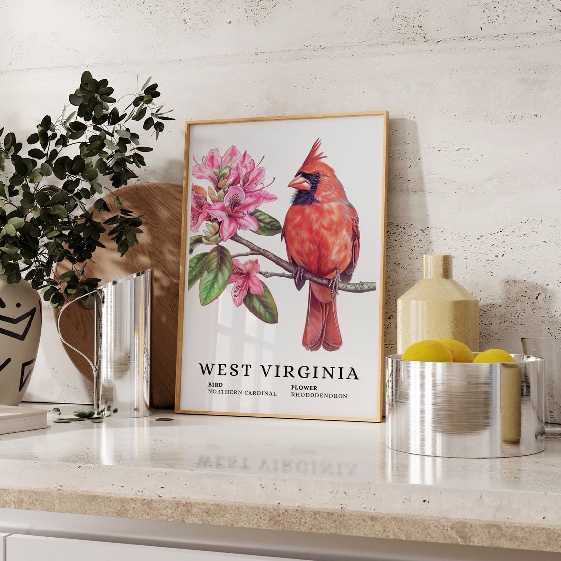 West Virginia Northern Cardinal And Rhododendron Botanical Art Print - Image 2