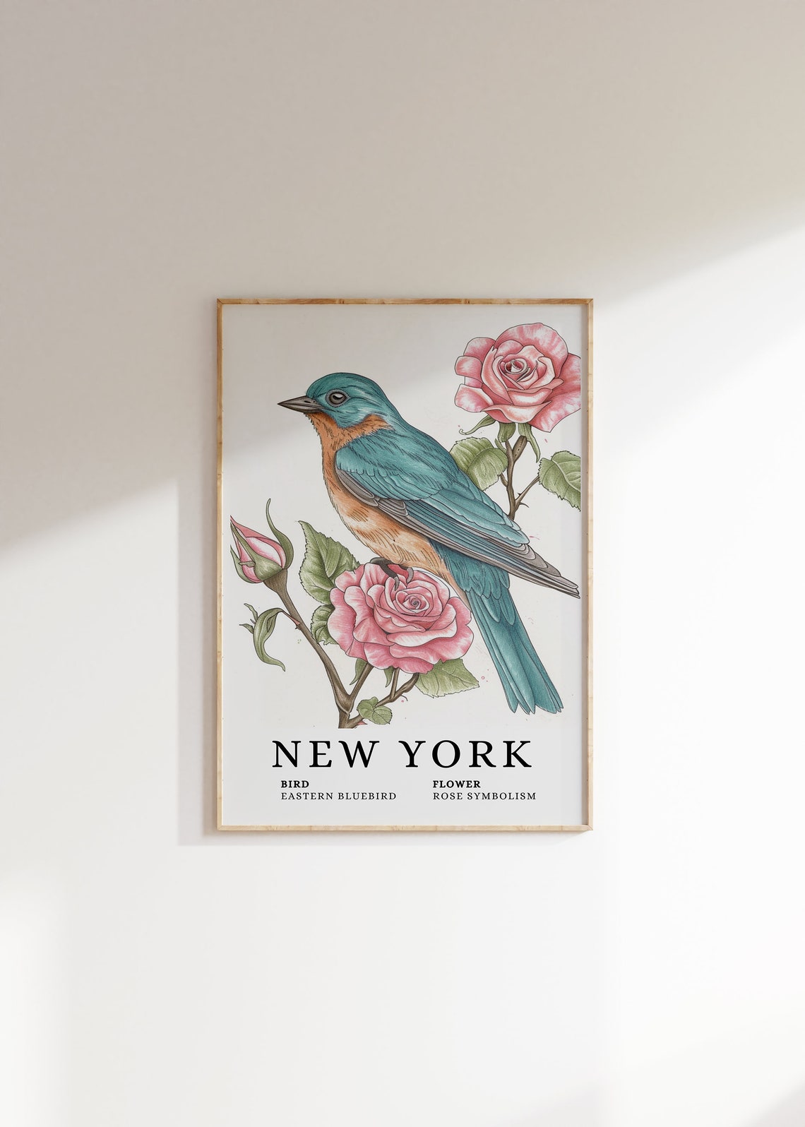 New York Eastern Bluebird Rose Bird and Flower Botanical Art Print