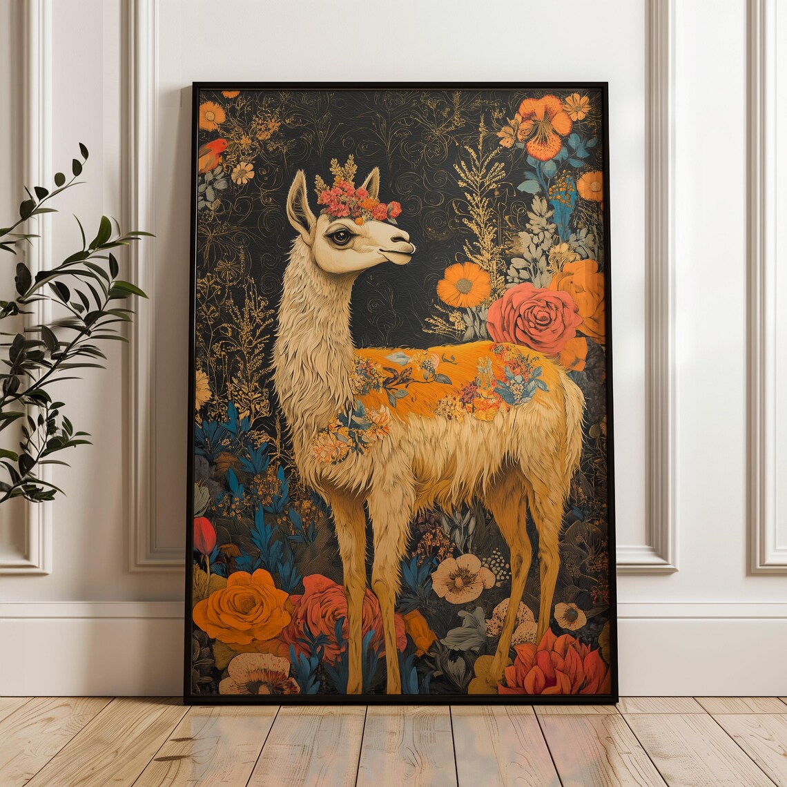 Llama Standing Flower Crown Orange Roses Dark Floral Garden Art Poster