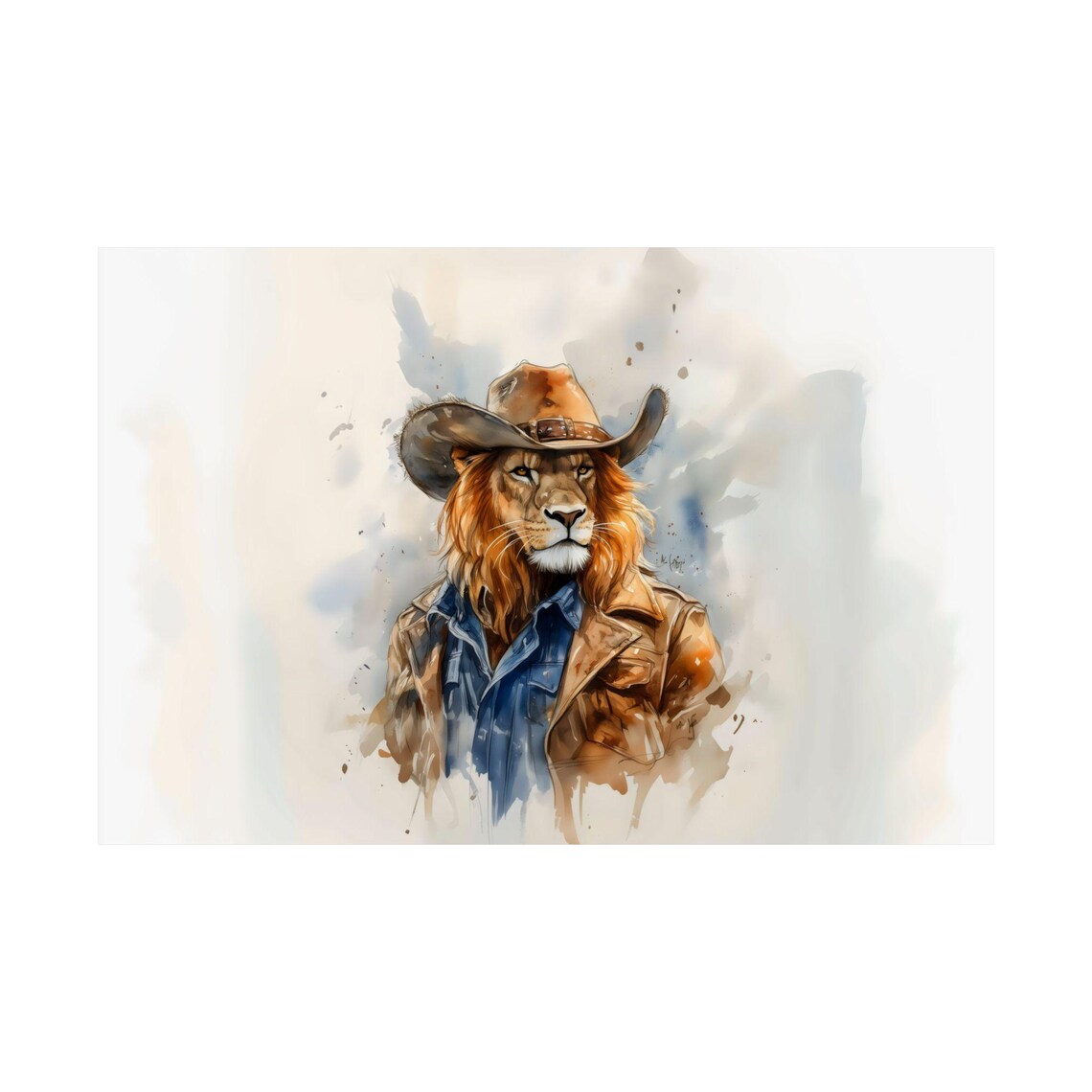 Watercolor Lion in Cowboy Hat and Jacket Western Portrait Poster - Image 2