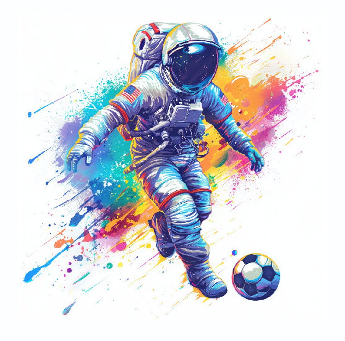 Astronaut Soccer Player Colorful Space Art Watercolor Poster - Image 3