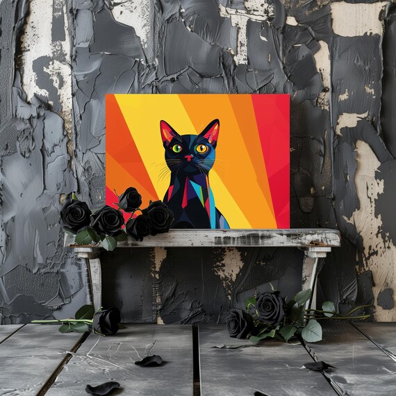 Geometric Black Cat Sunset Orange Sunburst Pop Art Cat Portrait Poster