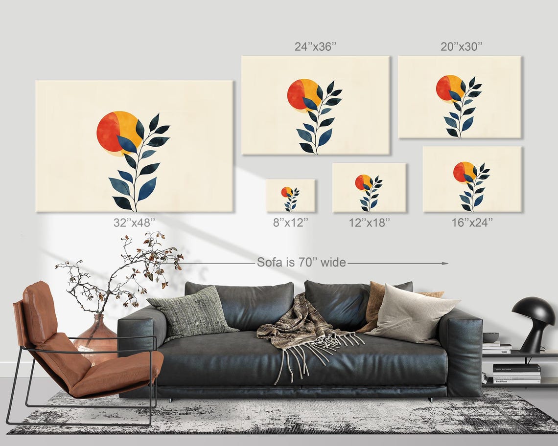 Minimalist Orange Sun Navy Branch Abstract Botanical Wall Art - Image 2
