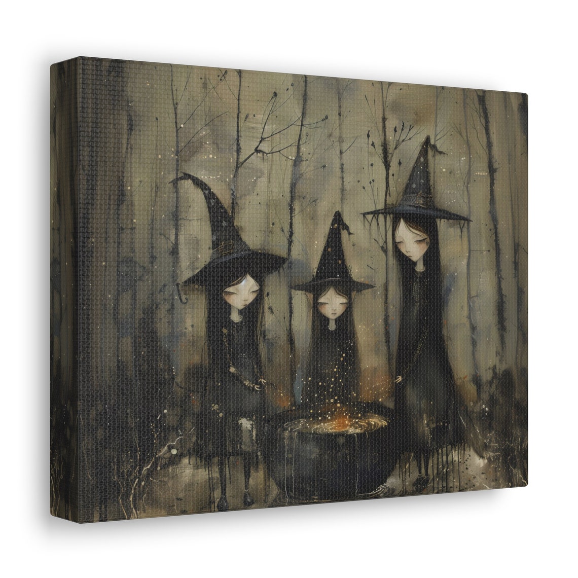Three Witches Brewing Cauldron in Dark Forest Gothic Halloween Poster - Image 3