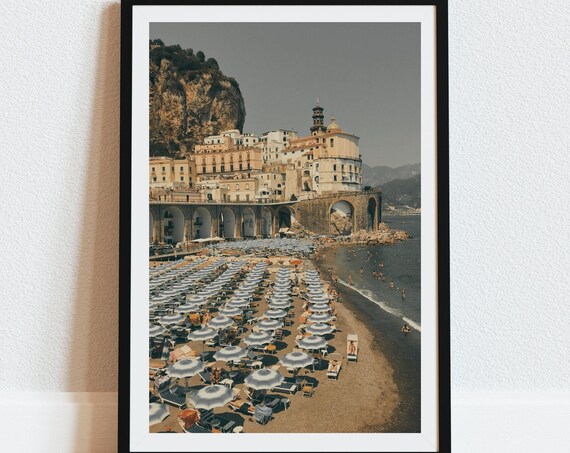 Amalfi Coast Beach Umbrellas Cliffside Town Vintage Color Print