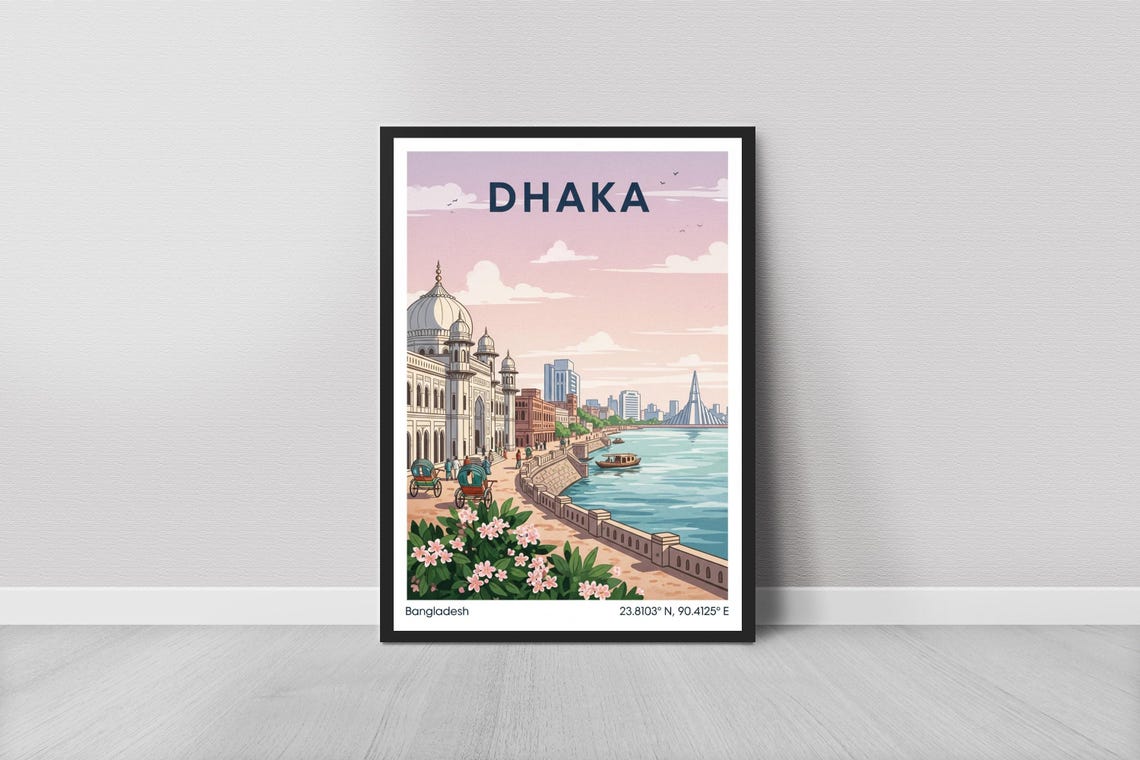 Dhaka Bangladesh Riverside Pink Sky Vintage Travel Art Poster