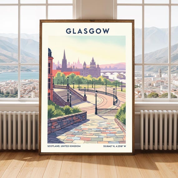 Glasgow Riverfront Promenade Poster Pastel Cityscape Skyline