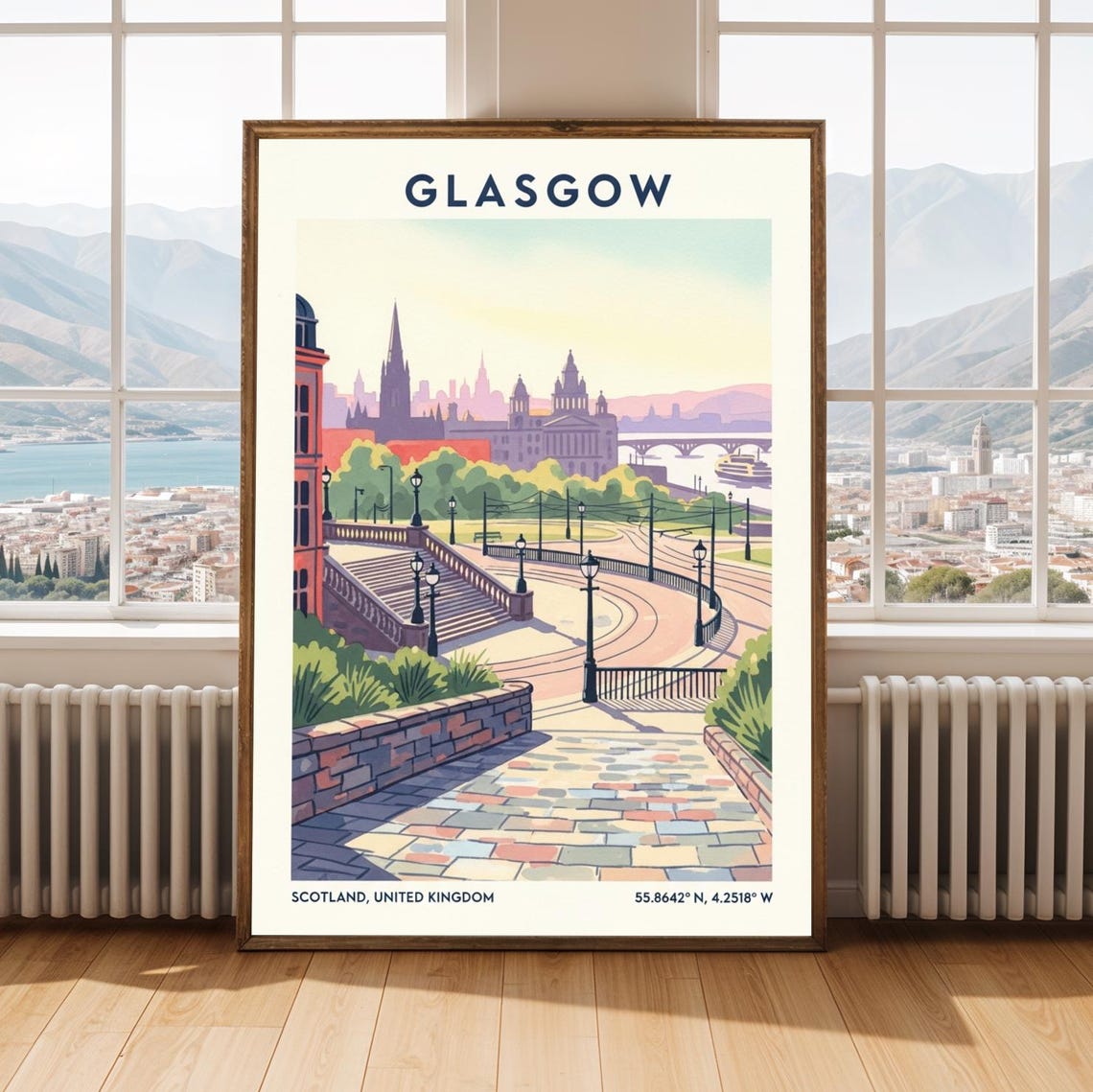 Glasgow Riverfront Promenade Poster Pastel Cityscape Skyline