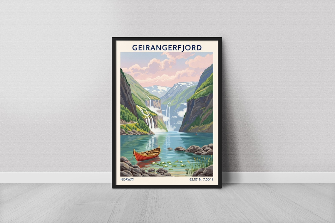 Geirangerfjord Art Print, Minimalist Fjords
