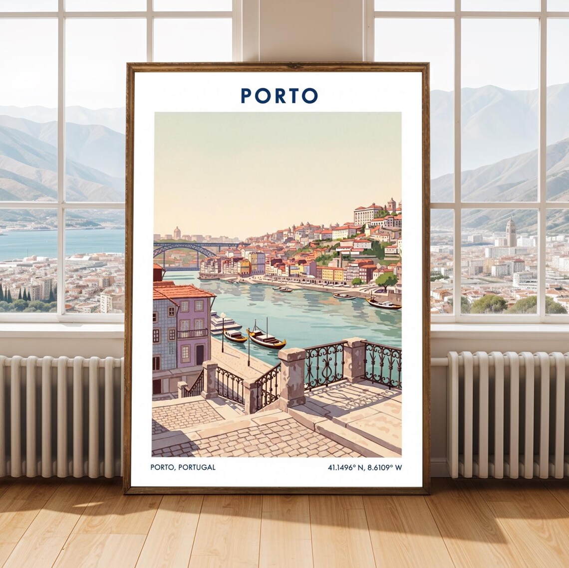 Porto Portugal Vintage Travel Poster Douro River Harbor Scene Art